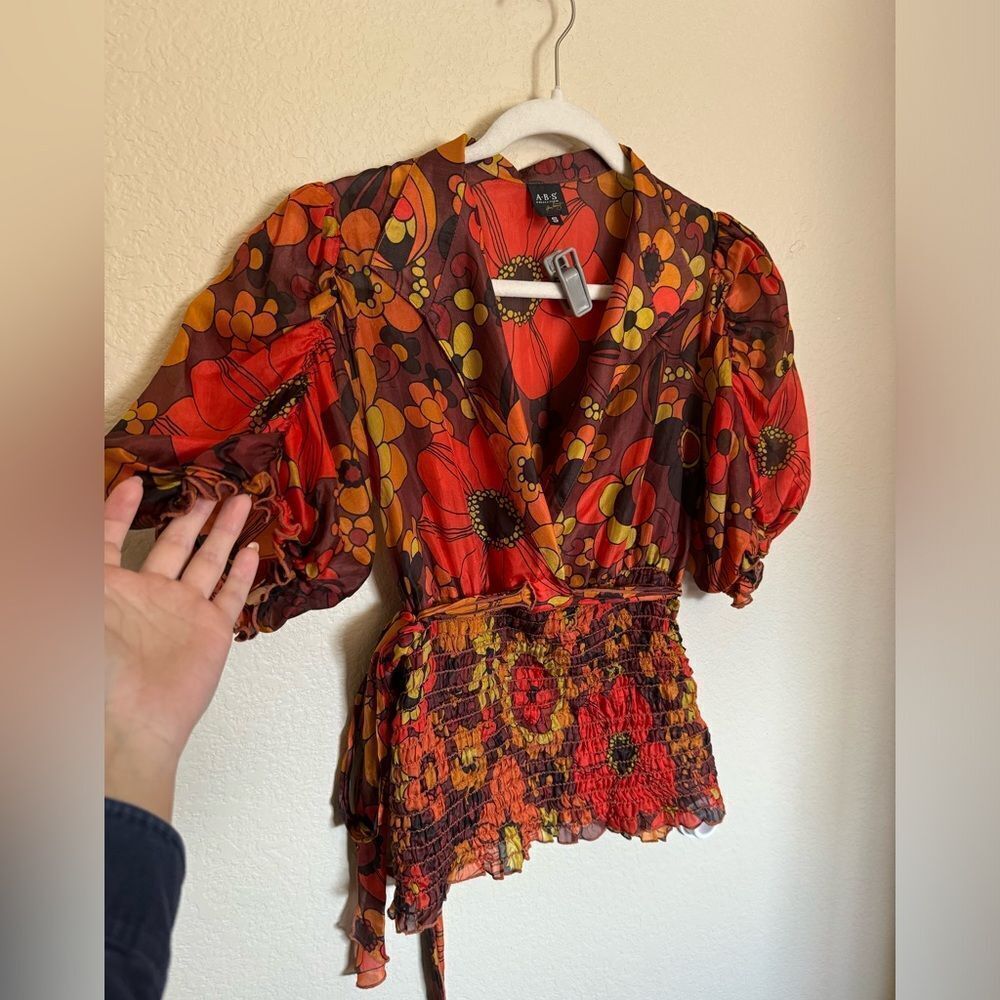 Vintage‎ 80s Floral Silk Blouse Top Sz Small Puff Sleeve Rust Orange Retro